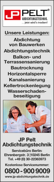 JP Pelt Abdichtungstechnik Abdichtung von Bauwerken, Abdichtungstechnik, Balkon- un d Terrassensanierung,Bautrocknung, Horizontalsperre, Kanalsanierung, Wasserschadenbeseitigung