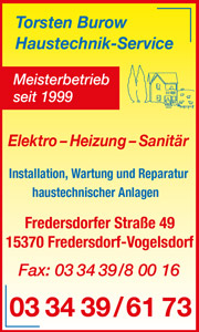 Torsten Burow Haustechnik-Sevice Meisterbetrieb seit 1999, Elektro – Heizung – Sanitär, Installation, Wartung und Reparatur haustechnischer Anlagen, Fredersdorf-Vogelsdorf